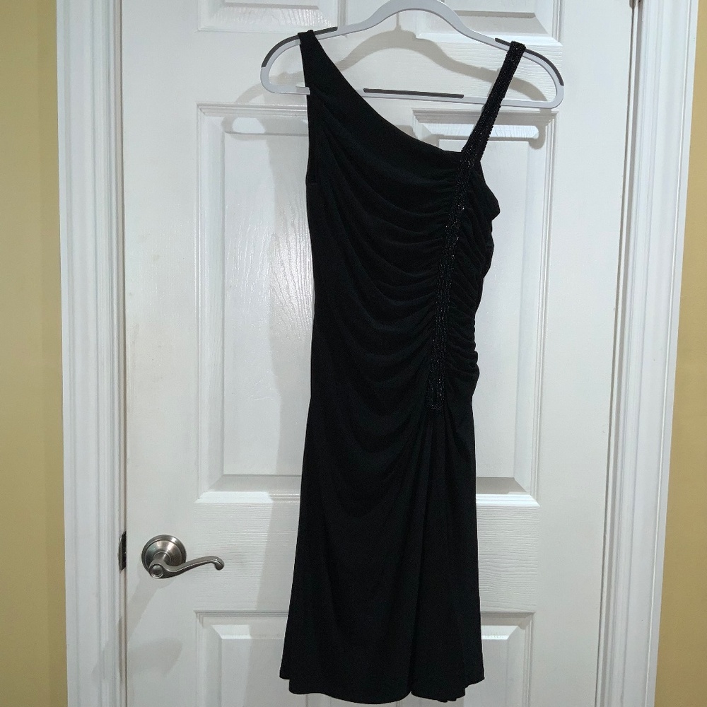 Lauren Ralph Lauren Evening black beaded Bodycon dress Sz 6 asymmetrical straps